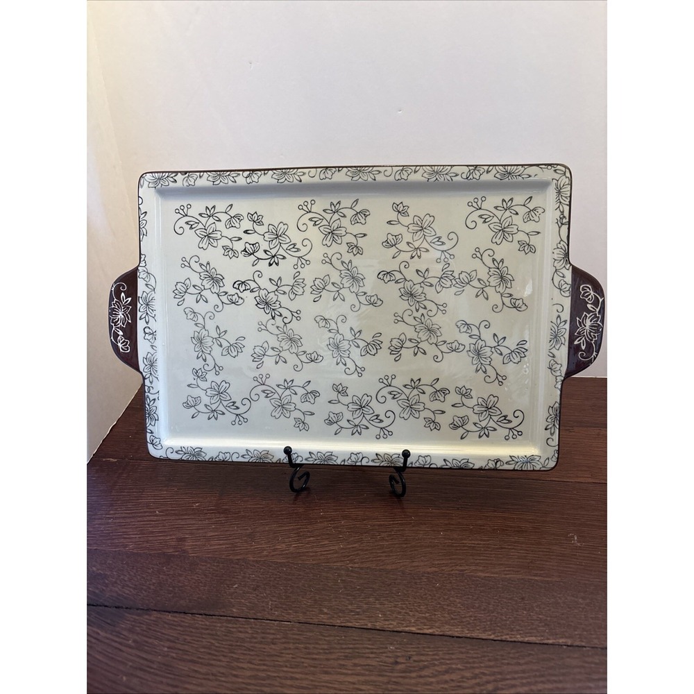 Temptations by Tara Floral Lace Chocolate Brown Ceramic Serving Tray Platter